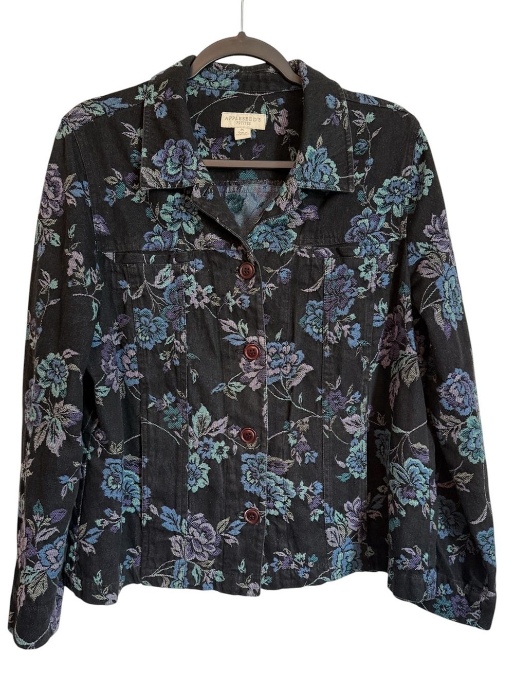 Appleseed's Black Jean Jacket with Blue & Purple Floral Print